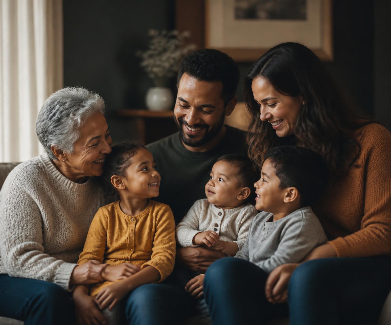 Família multigeracional reunida em casa